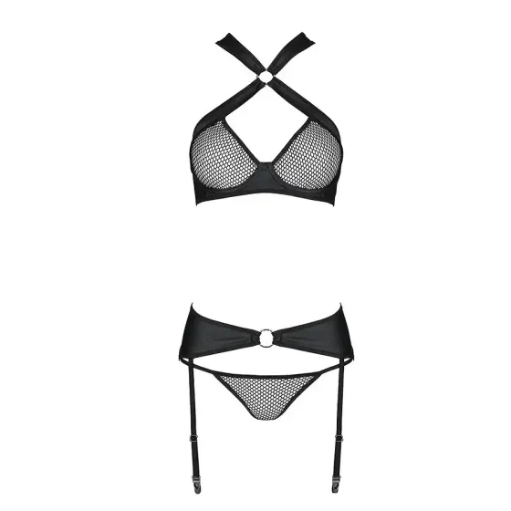 Сітчастий набір, бюстгальтер з халтером, трусики та пояс для панчох AMANDA SET S/M, black Львів