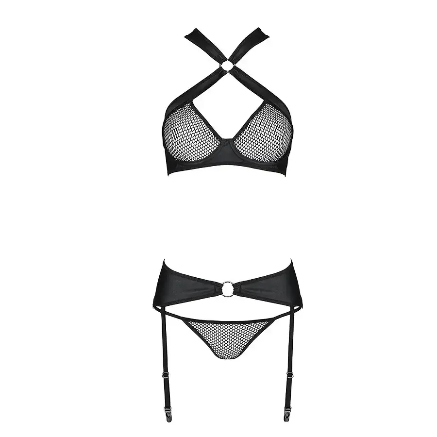 Сітчастий набір, бюстгальтер з халтером, трусики та пояс для панчох AMANDA SET S/M, black Львів - фото 4