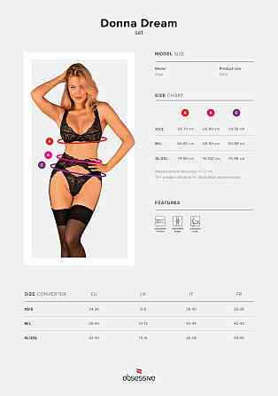 Комплект білизни Obsessive Donna Dream 3-pcs set M/L Black, бюстгальтер, стрінги, пояс для панчіх Sex Aura Київ
