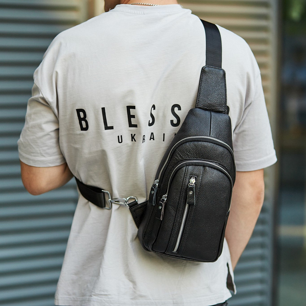 Сумка-слінг чоловіча на одне плече 18х32х7, рюкзак нагрудний з натуральної шкіри 74521 чорний Київ - фото 4
