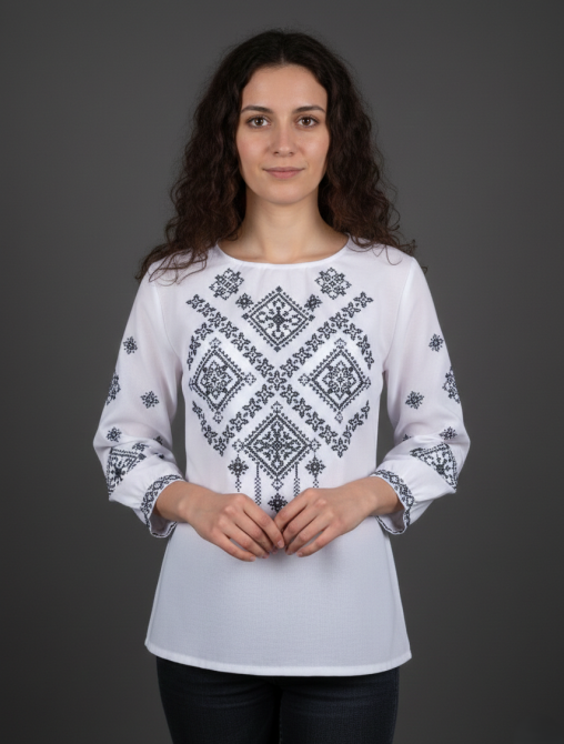 Жіноча натуральна біла вишиванка Заграва чорна Київ - фото 1