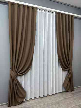 Комплект штор VR-Textil Лен Мешковина 200х270 2шт и Тюль 500х270 277ш-115т Коричневый с белым 71-015/6 Киев