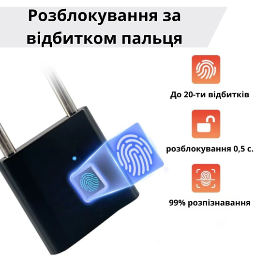 Навесной замок с отпечатком пальца.Умный замок со сканером отпечатка пальцев,биометрический черный Каменец-Подольский