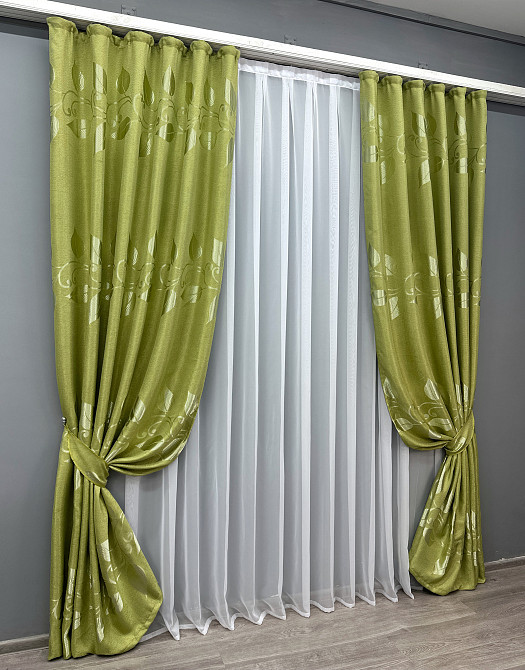 Комплект готовых штор VR-Textil Лен Рогожка № 1784ш Оливковый 150х270 см 2 шт (33-0761) Киев - изображение 3