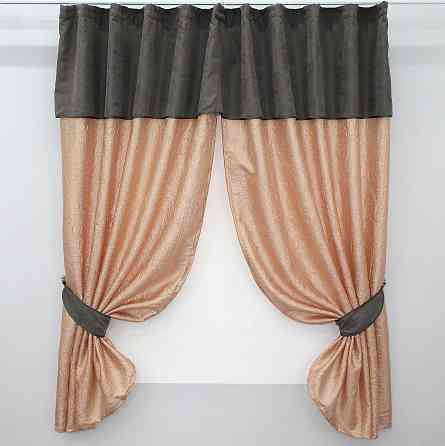 Кухонные шторы VR-Textil № 073к с ламбрекеном и подхватами персиковый с серым 260х170 см (52-0101) Киев