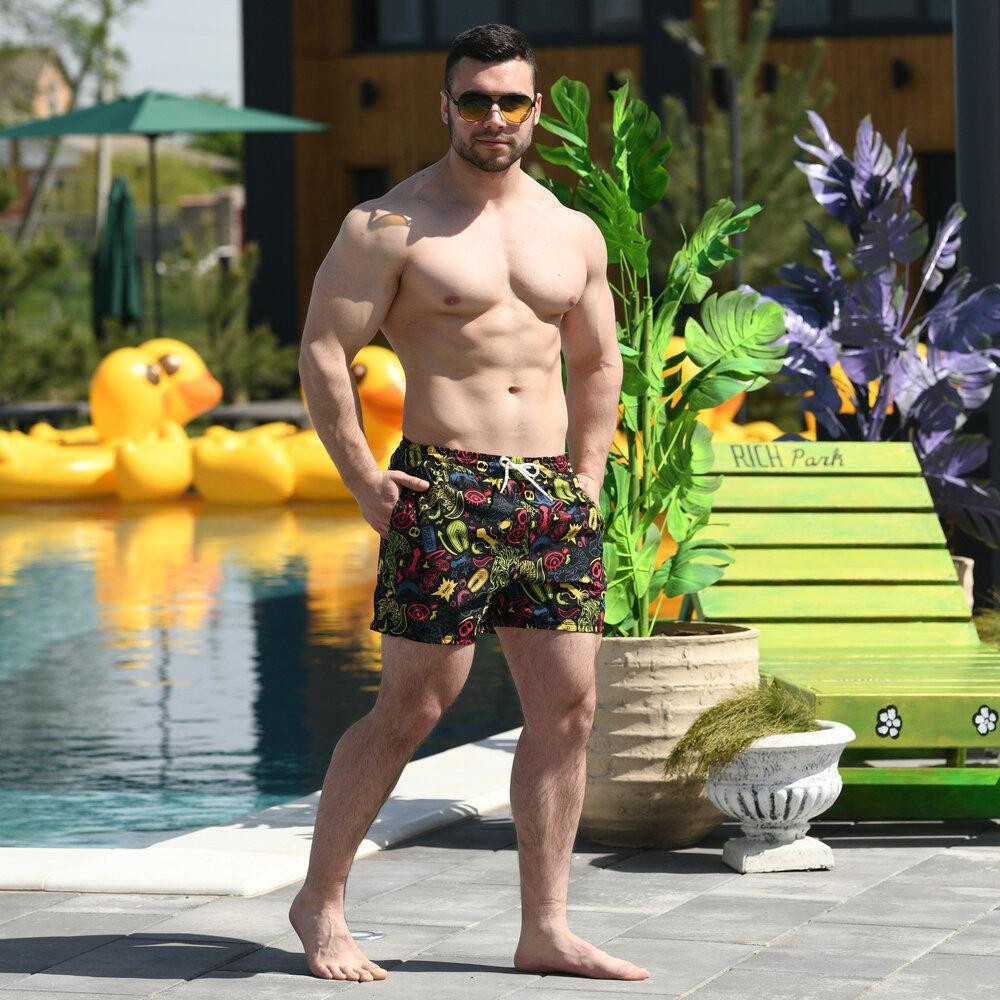 Короткі чоловічі шорти пляжні для купання та плавання з принтом Pobedov Pool day Tigr i oko чорні 2XL Одеса - фото 1