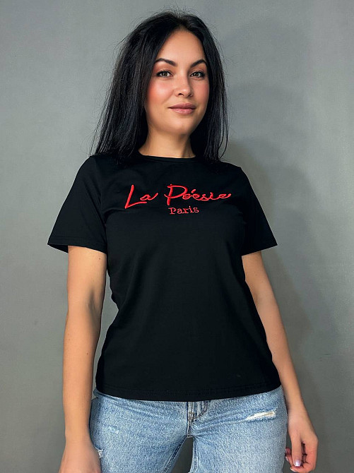 Футболка жіноча A-N 30103 базова з вишивкою La Poésie Paris однотонна, чорний, one size Київ - фото 13