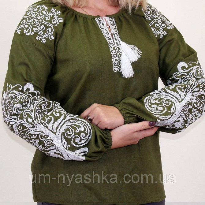 Натуральна лляна вишиванка жіноча хакі блуза з вишивкою "Дерево життя" р.S Кривий Ріг - фото 1