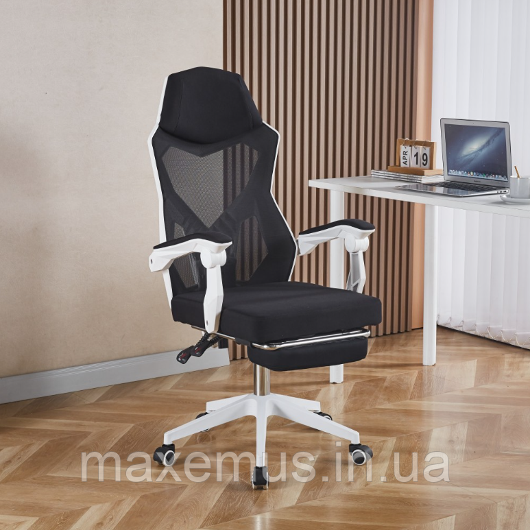 Современное офисное кресло для офиса с подставкой для ног B 057 компьютерное кресло с наклоном спинки черное с белым Мостиська - фото 7