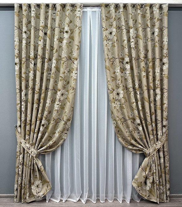 Комплект готовых штор VR-Textil Лен с цветочным принтом «Прованс» № 1819ш Капучино 100х265 см 2 шт (31-996) Киев - изображение 2