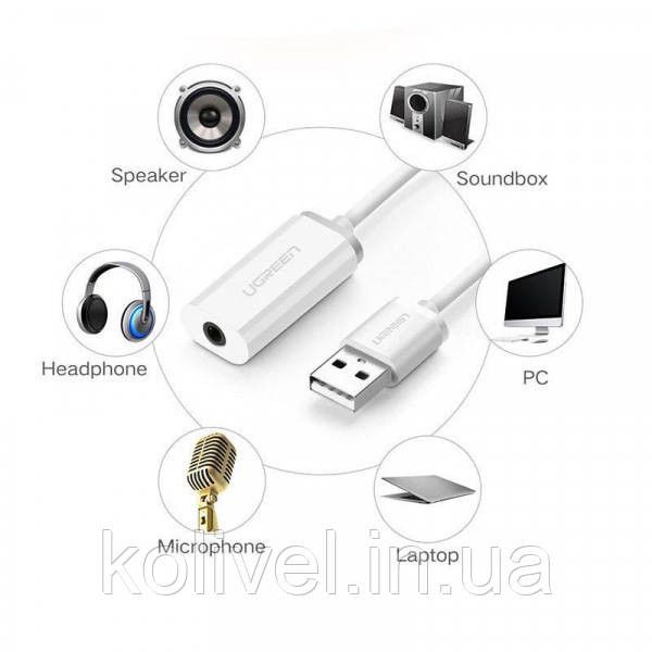 Звукова карта USB AUX jack, TRRS (Mic & Ear), ALC4042 Ugreen Біла US206 (30712) Київ - фото 6