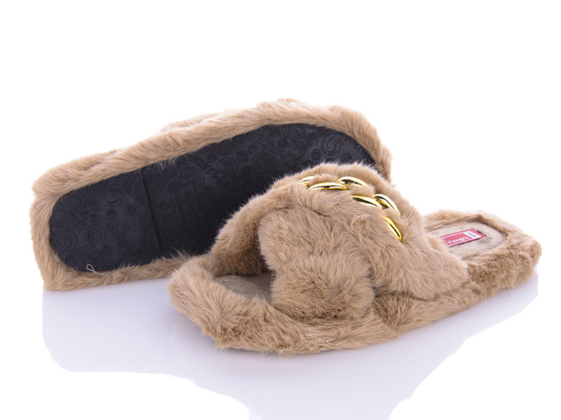 Женские тапочки домашние открытые меховые накрест с золотой цепью  Бежевый Одесса - изображение 3
