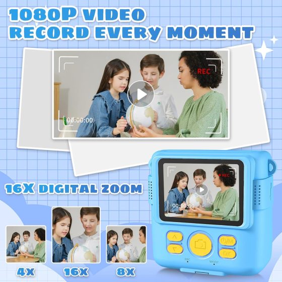 Детская камера AORILE с моментальной печатью, 24 МП, видео 1080P, экран 2,4″, карта 32 ГБ, 3 рулона, синяя Киев