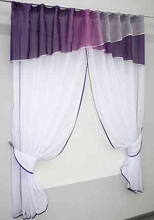 Кухонные шторы VR-Textil № 091к с ламбрекеном и подвязками фиолетовый с белым 260х170 см (59-429) Киев