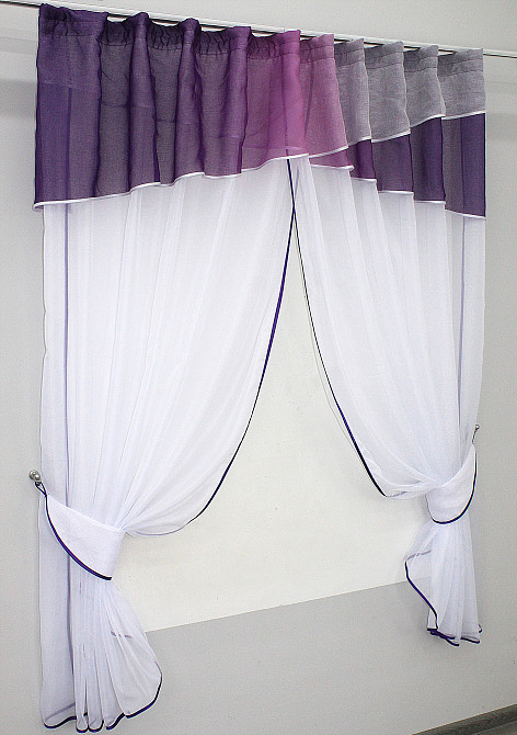 Кухонные шторы VR-Textil № 091к с ламбрекеном и подвязками фиолетовый с белым 260х170 см (59-429) Киев - изображение 2