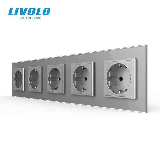 LIVOLO П’ятимісна електрична розетка з заземленням LIVOLO, сіра, скляна рамка, шторки, 250В 16А Коломыя