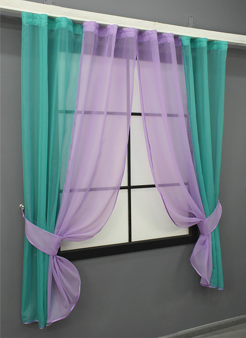 Кухонные шторы VR-Textil № 017к комбинированные с подвязками бирюзовый с сиреневым 265х170 см (52-1058) Киев - изображение 2