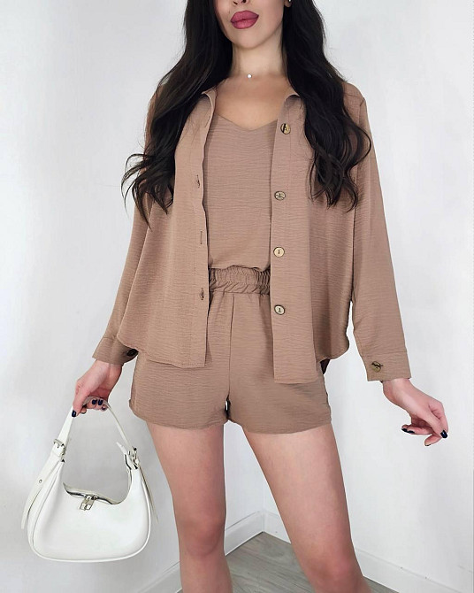 Жіночий легкий костюм-трійка: сорочка, майка та шорти креп жатка Моко, 44/46 Одеса - фото 1