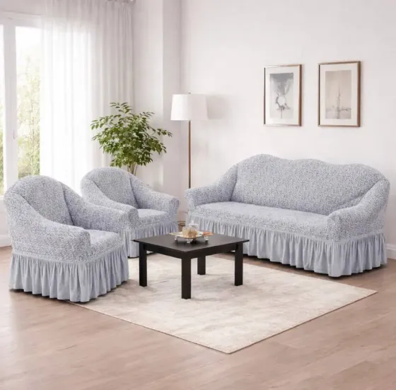 Жаккардовый турецкий чехол на диван и два кресла, универсальный натяжной чехол, накидка на диван Серый Коломыя