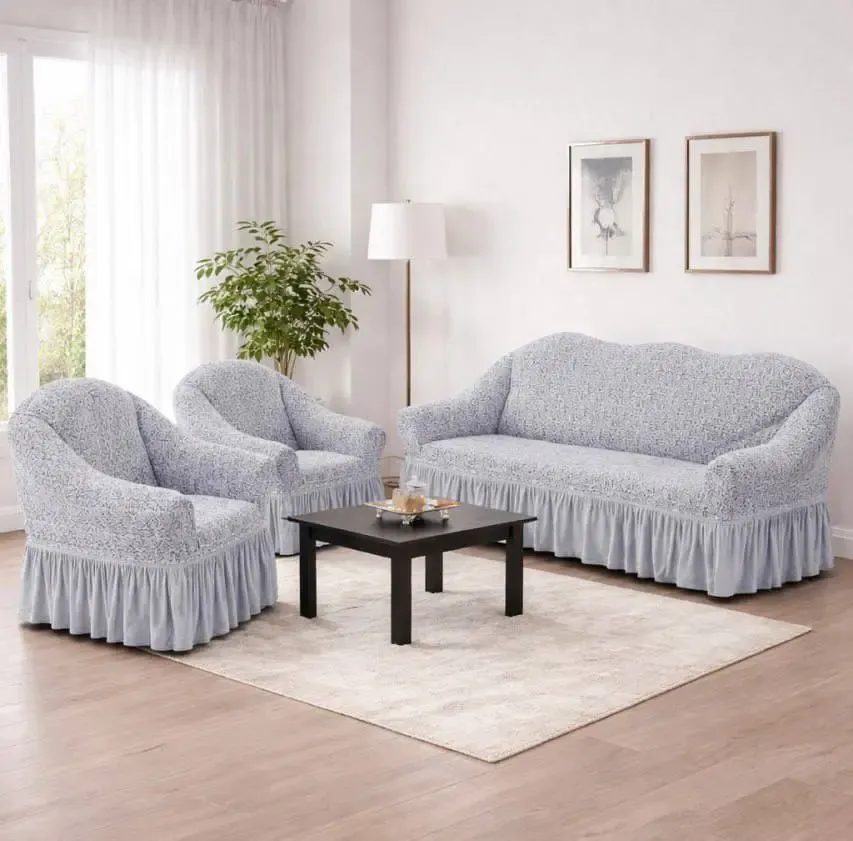 Жаккардовый турецкий чехол на диван и два кресла, универсальный натяжной чехол, накидка на диван Серый Коломыя - изображение 1