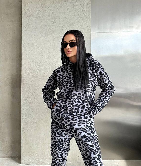 Женский теплый леопардовый костюм двойка: худи и штаны турецкий двусторонний полар флис 44/46 Одесса - изображение 7