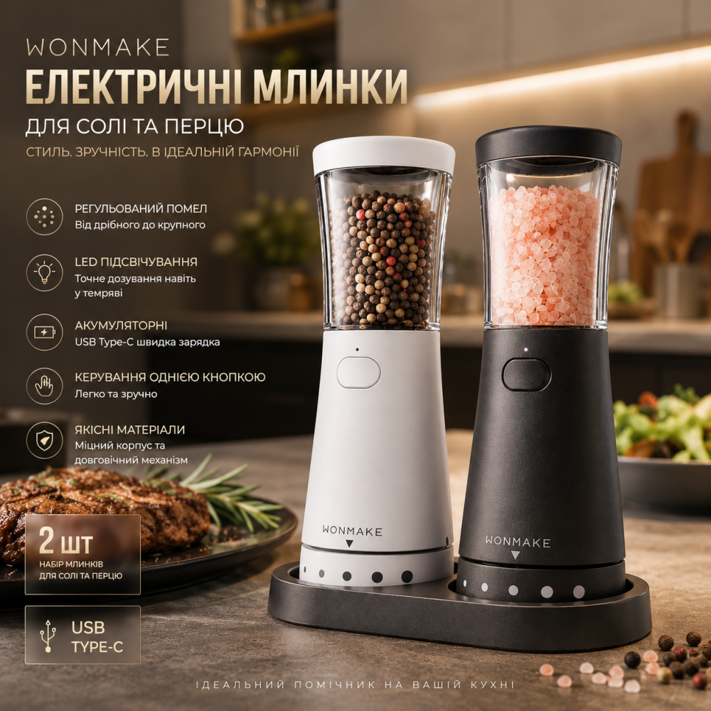 Набір електричних млинків WONMAKE для солі та перцю 2 шт., акумуляторні USB Type-C, регульований помел, LED-підсвічування Київ - фото 10