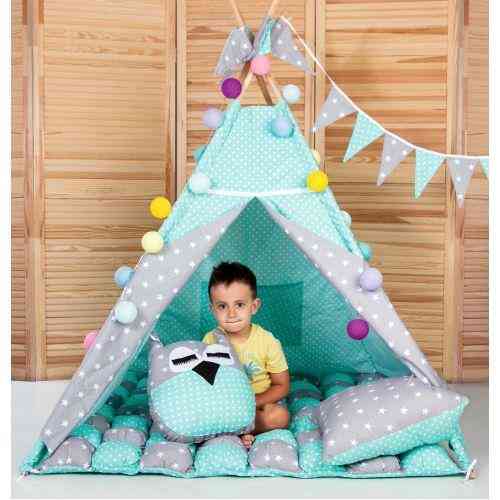 Вігвам Хатка комплект бонбон Зірки М'ятний з сірим з подушками Київ