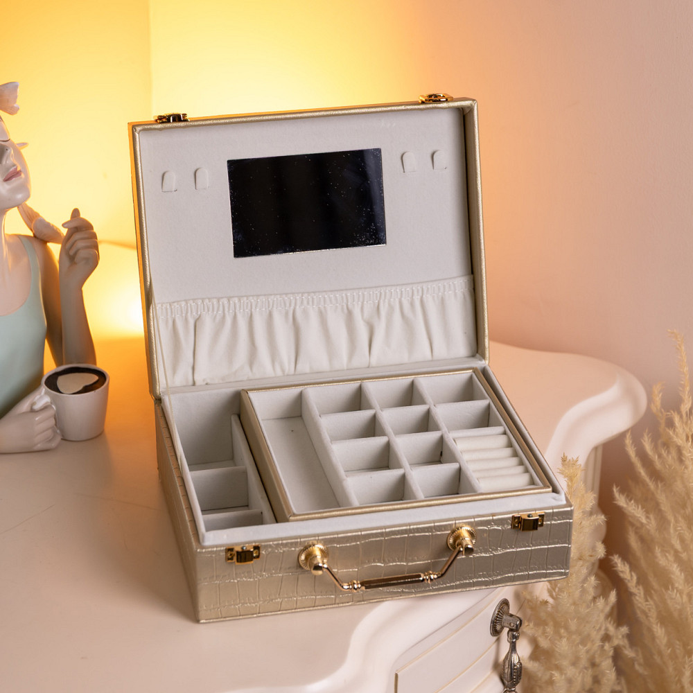 Скринька для прикрас з еко шкіри 19 відділень з дзеркалом 23.5×14×8 см Золотистий HP-5-20GOLD Коломыя - изображение 8
