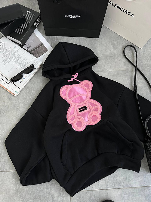 Жіноча тепла оверсайз худі з рожевим ведмедиком тринитка на флісі Одеса - фото 1