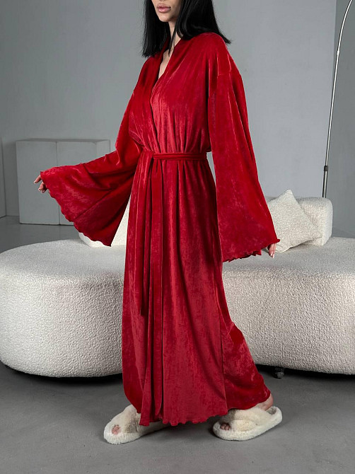 Женский стильный домашний велюровый макси халат плюш велюр Красный, Oversize 42/46 Одесса - изображение 4