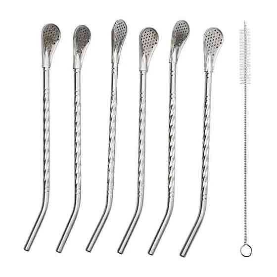 Yiwu Набір багаторазових ложок-трубочок 6 шт для напоїв 19.5 см зі щіткою для миття з нержавіюч Коломыя