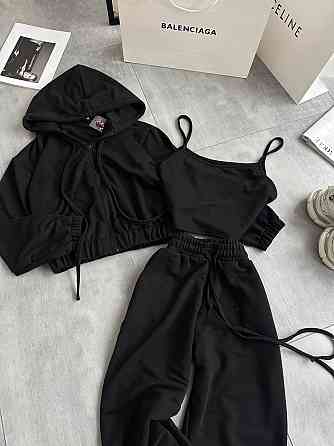 Жіночий повсякденний костюм-трійка: кофта топ і штани двонитка Чорний, 46/48 Одеса