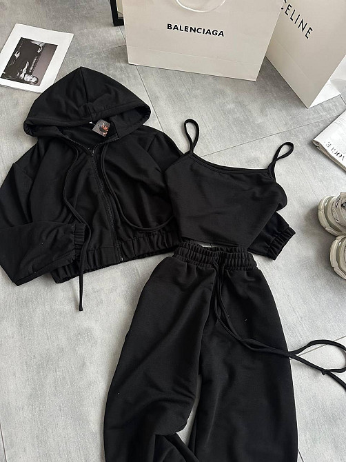 Женский повседневный костюм тройка: кофта топ и штаны двунить 46/48, Черный Одесса - изображение 3