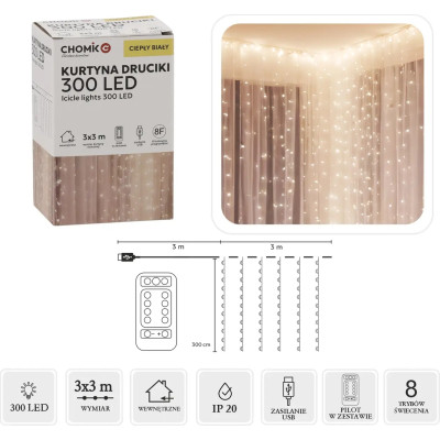 Гирлянда Chomik Штора 3 х 3 м 300 LED Теплый белый USB с пультом (5900779879997) Вінниця - фото 3