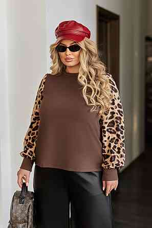 Стильна жіноча кофтинка з леопардовими рукавами "Alberta" | Норма і батал Шоколадний, 46-48 Київ