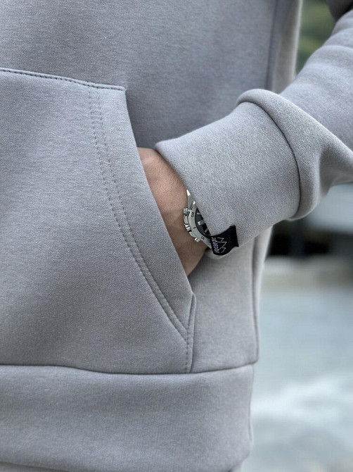 Теплое мужское худи на флисе с капюшоном стальное Pobedov 008 ЗИМА Киев - изображение 6