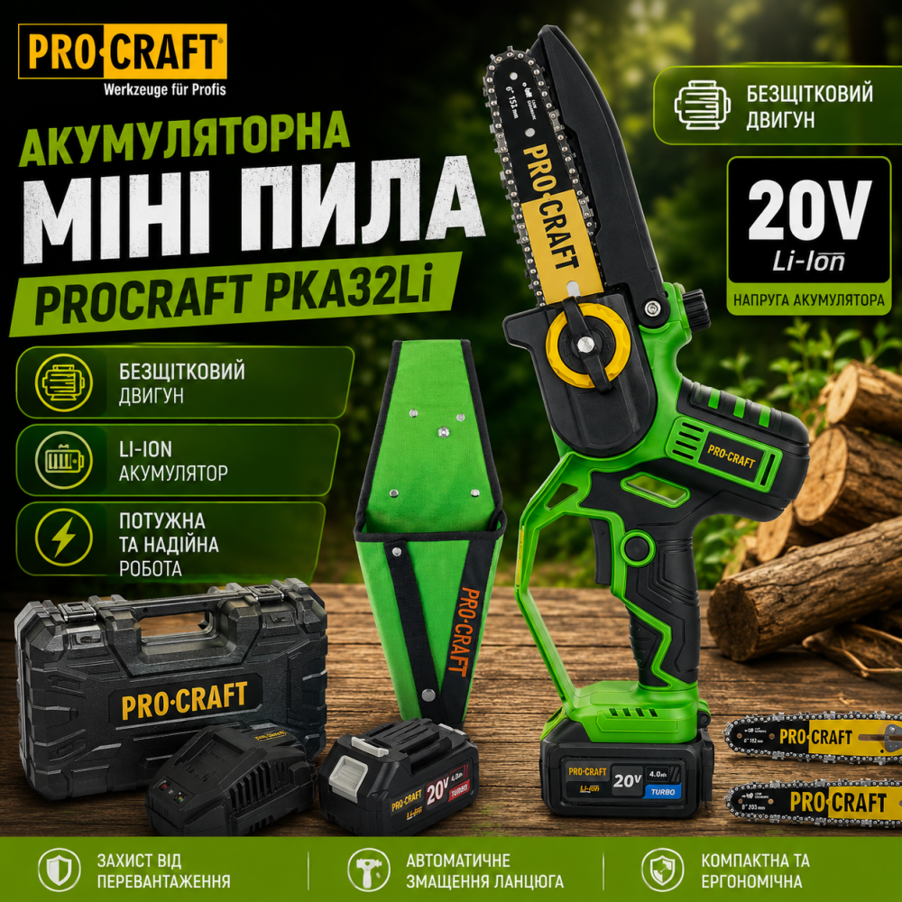 Аккумуляторная мини пила Procraft PKA32Li,Безщеточная аккумуляторная цепная пила С 1 акб 20 В в Кейсе Львов - изображение 11