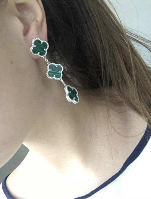 Серьги зеленые под малахит / Vancleef Ванклиф / покрытие серебро, белое золото 750 Одесса - изображение 2