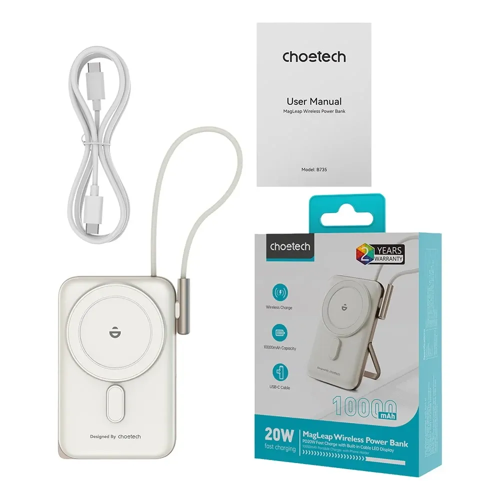 Повербанк 10000mAh Choetech B735 White QC3.0 PD3.0 бездротова магнітна зарядка, вбудований кабель, підставка (43-00150) Київ - фото 3