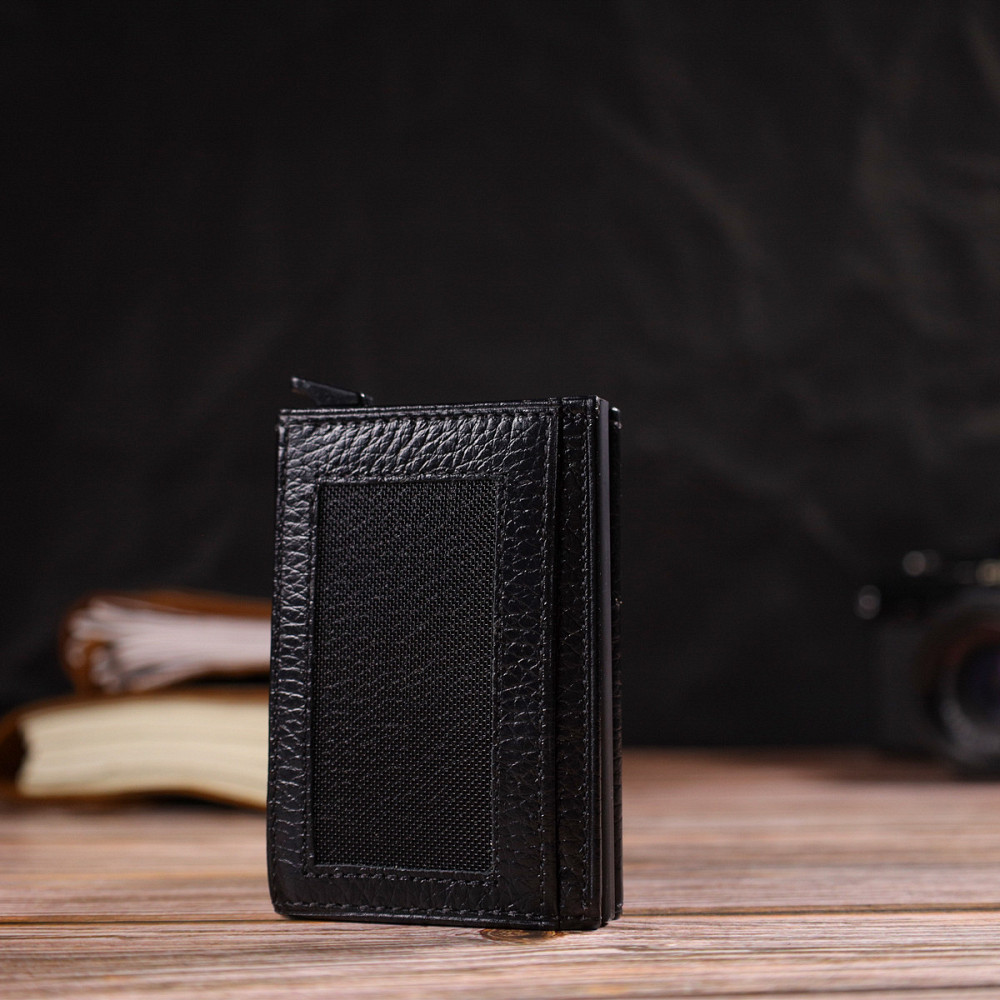 Картхолдер унісекс у три складання з автоматичним механізмом з натуральної шкіри флотар Чорний (CANPELLINI) Київ - фото 2