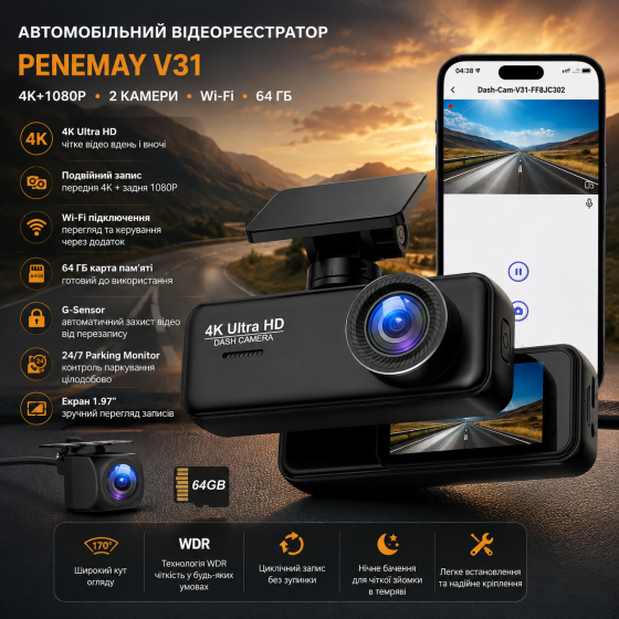 Автомобильный видеорегистратор Penemay V31 4K+1080P, 2 камеры, Wi-Fi, 64 ГБ, G-Sensor, 24/7 Parking, экран 1.97 Киев
