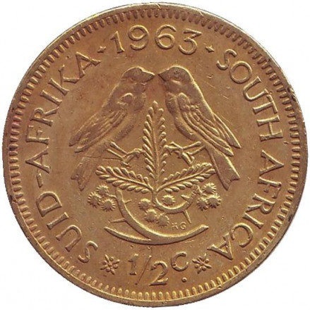 Горобці. Монета 1/2 цента. 1963 рік, ПАР.(Д) Полтава - фото 1