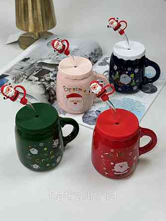 Кухоль з кришкою і ложкою керамічний новорічний Olens "Санта 2024" 460 мл 102-1082 Київ