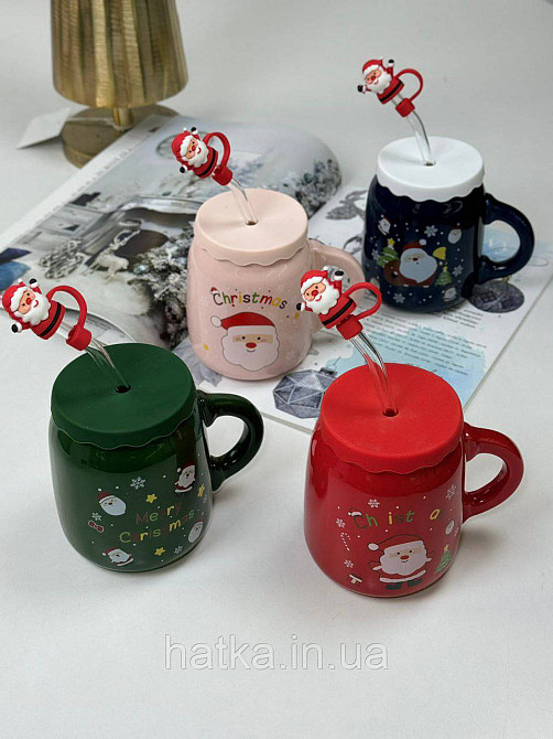 Кухоль з кришкою і ложкою керамічний новорічний Olens "Санта 2024" 460 мл 102-1082 Київ - фото 1