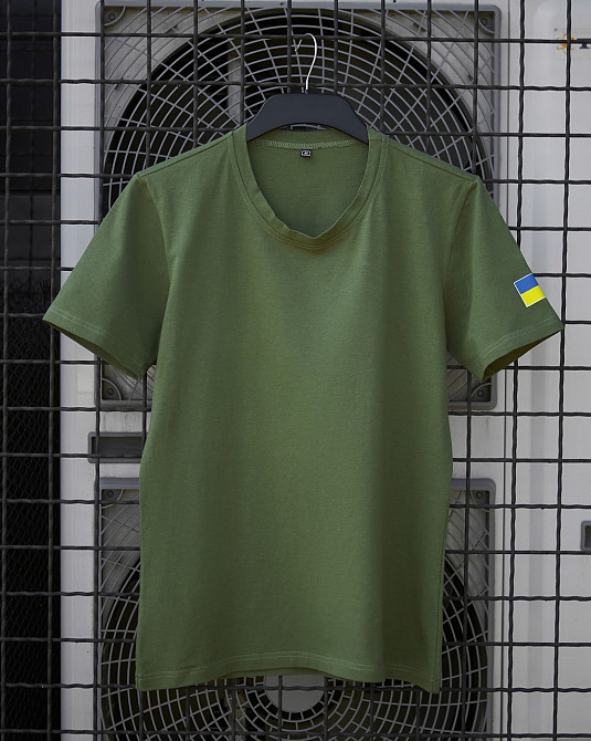 Чоловіча патріотична футболка літня з прапором на плечі з українською символікою бавовна базова хакі Одеса - фото 8