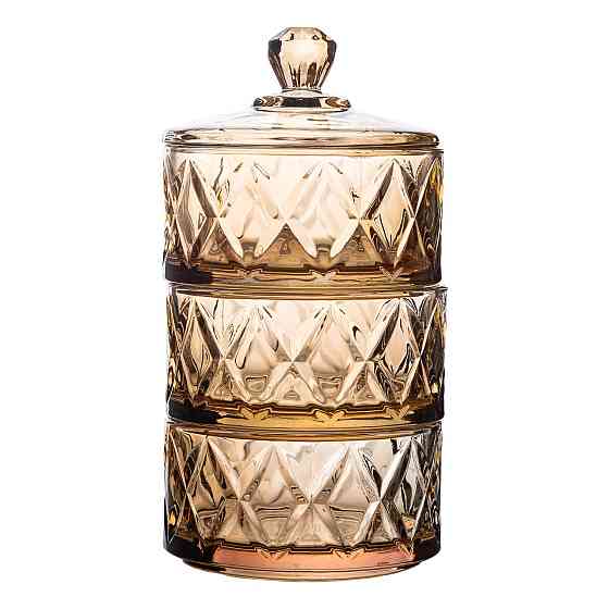 Yiwu Цукерниця трирівнева Ø 10 см скляна з кришкою коричневая HP-YH-80 Київ