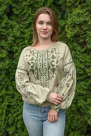 Вышиванка женская с длинным рукавом  льняная, оливковая топ Киев
