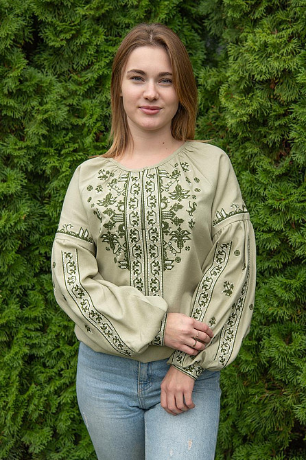 Вишиванка жіноча з довгим рукавом лляна, оливкова топ Київ - фото 6