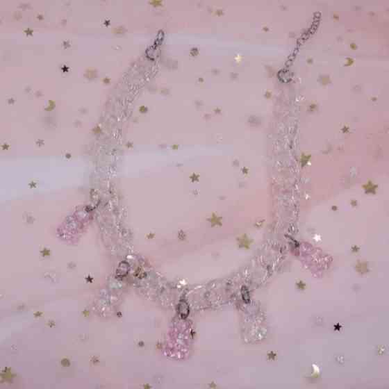 Ожерелье с мармеладными мишками, цвет розово-прозрачный - длина 30см (+9см), смола, цинковый сплав, пластик Киев