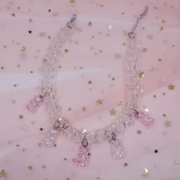 Ожерелье с мармеладными мишками, цвет розово-прозрачный - длина 30см (+9см), смола, цинковый сплав, пластик Киев - изображение 1